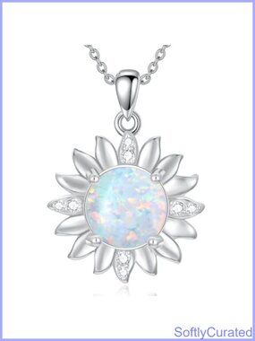 Dainty 925 Sterling Silver Opal Diamond Sunflower Pendant Necklace